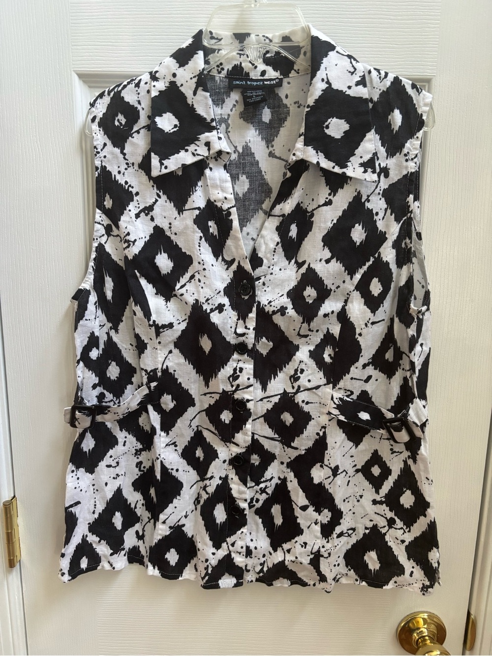 Saint Tropez West Womens Black & White 100% Linen Coastal Boho Top, Size L, EUC